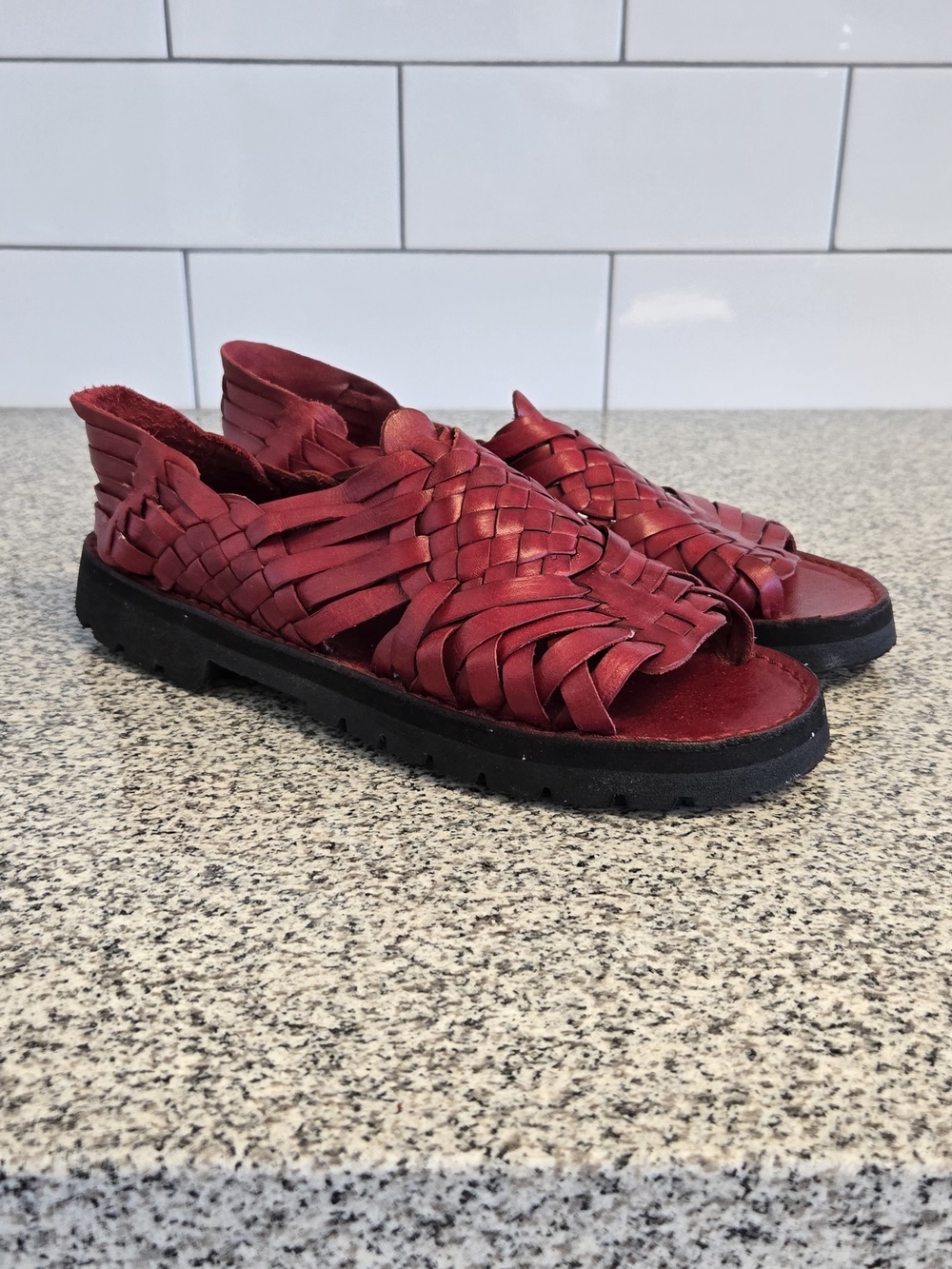 Woven Leather Slide Sandals in Deep Red